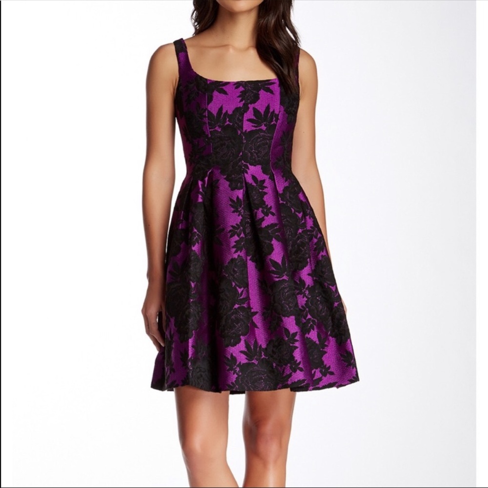 Embroidered floral magenta and black a-line dress